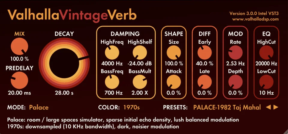 ValhallaVintageVerb plugin interface, Valhalla DSP